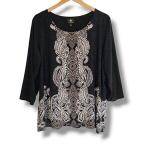 JM Collection Paisley Top 2X Black Cream 3/4 Sleeve Stretch Elegant Blouse Shirt